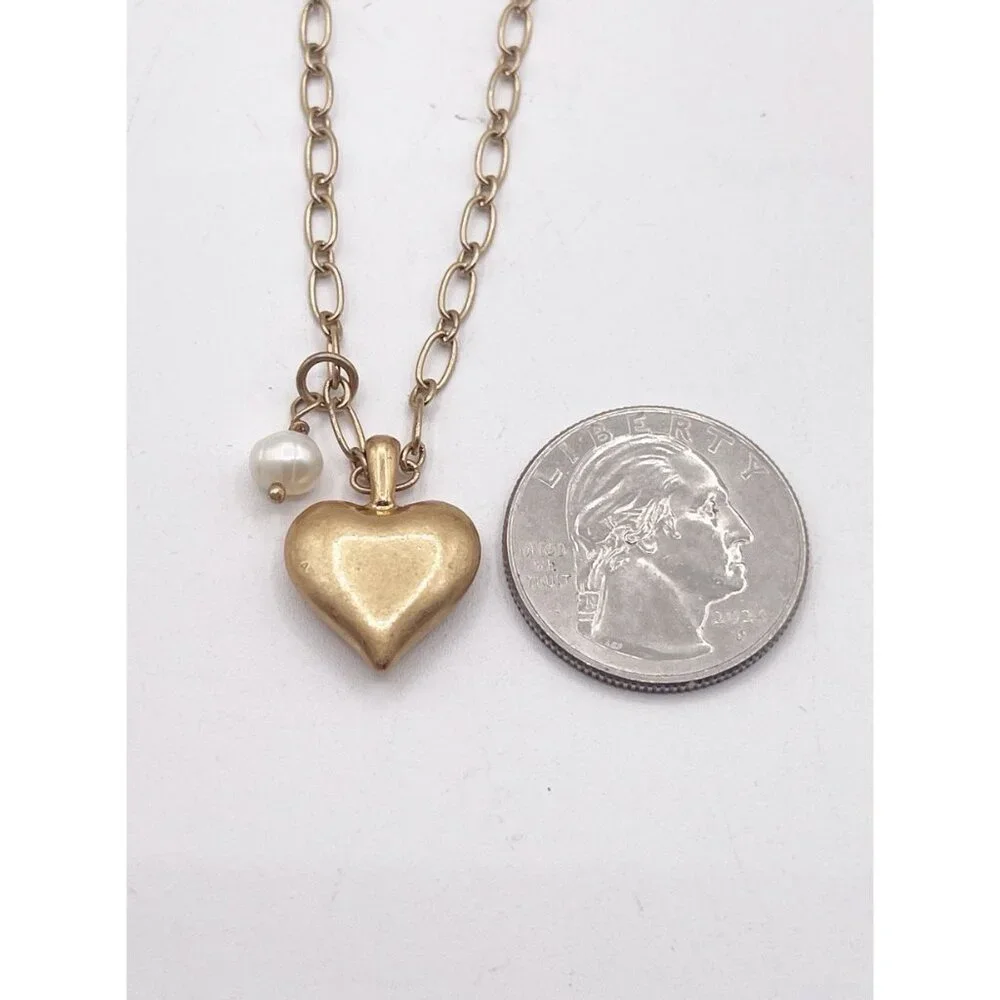 ZARA Gold Tone Dainty Faux Pearl Puffy Heart Dangle Pendant Necklace Adjustable